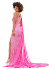Back view. Candy Pink ASHLEYlauren 11371 dazzling one shoulder sequin gown featuring a fully hand-beaded design, a detachable chiffon cape, and a left leg slit, available in vibrant color options for a bold and glamorous statement look.