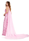 Back view. Candy Pink ASHLEYlauren 11404 breathtaking strapless gown featuring intricate full sequin beading, a matching sequin choker, and a flowing chiffon cape for a dramatic and statement-making look.