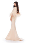 Back view. Champagne ASHLEYlauren 11381 Fit and Flare Phantom Satin Gown with Modern Scoop Neckline, Feather Detailed Flare Sleeves, and Horsehair Hem Skirt