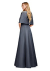 Back view. Charcoal ASHLEYlauren 11426 Elegant Double Faced Satin Gown with Crew Neckline, Crystal Embellishments, Subtle A-Line Skirt, and Detachable Beaded Shawl with Finger Loop