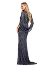 Back view. Charcoal ASHLEYlauren 11430 High Fashion Fully Beaded Fitted Gown with Elegant V-Neckline and Statement Cape Sleeves