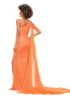 Back view. Coral ASHLEYlauren 11371 dazzling one shoulder sequin gown featuring a fully hand-beaded design, a detachable chiffon cape, and a left leg slit, available in vibrant color options for a bold and glamorous statement look.