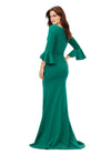 Back view. Dark Emerald ASHLEYlauren 11325 Timeless Evening Gown with Scoop Neckline, Flutter Three Quarter Length Sleeves, Ruched Detailing, and Flowing Sweep Train