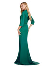 Back view. Dark Emerald ASHLEYlauren 11418 Elegant Fitted Scuba Gown with Classic Square Neckline, Three Quarter Length Sleeves, Tonal Waist Belt, and Mermaid Skirt