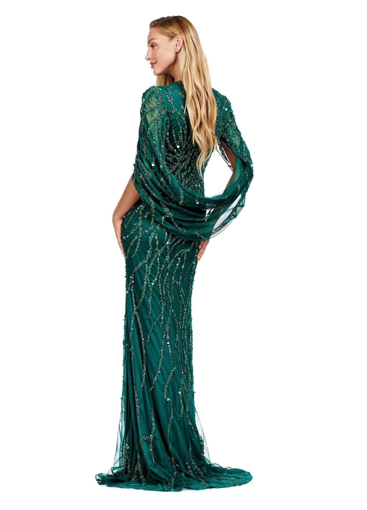 Back view. Dark Emerald ASHLEYlauren 11430 High Fashion Fully Beaded Fitted Gown with Elegant V-Neckline and Statement Cape Sleeves