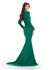 Back view. Dark Emerald ASHLEYlauren 11450 Chic Long Sleeve Scuba Gown with Asymmetrical Off Shoulder Beaded Neckline and Flattering Ruched Hip Detailing