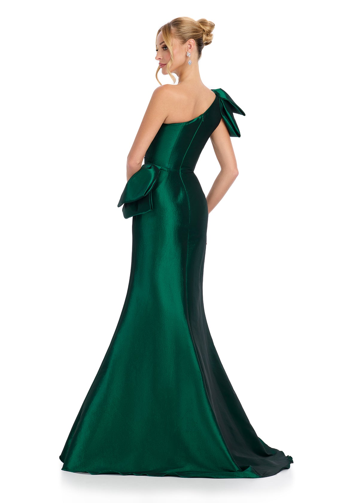 Back view. Dark Emerald ASHLEYlauren 11722 Elegant One Shoulder Fitted Mermaid Gown in Taffeta with Statement Ruffles at Hip and Neckline and Ruched Bustier
