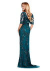 Back view. Dark Teal ASHLEYlauren 11234 Elegant Fully Beaded Gown with V-Neckline, Wrap Style Bustier, and Sheer Ruffled Puff Mesh Sleeves