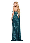Back view. Dark Teal ASHLEYlauren 11434 Elegant Fully Beaded Gown with One Shoulder Design and Statement Floor Length Sleeve for a Modern Twist on a Classic Look