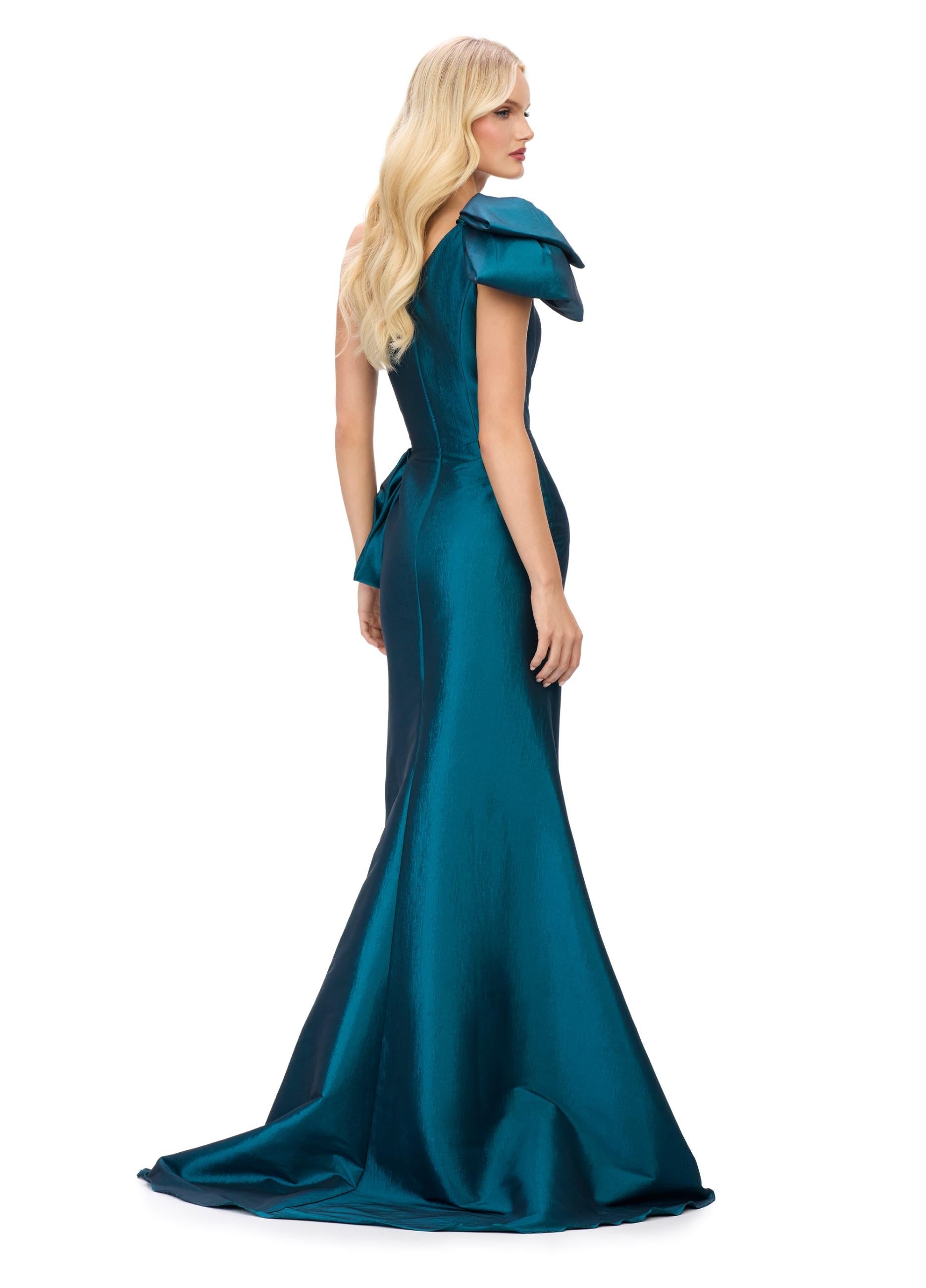 Back view. Dark Teal ASHLEYlauren 11722 Elegant One Shoulder Fitted Mermaid Gown in Taffeta with Statement Ruffles at Hip and Neckline and Ruched Bustier
