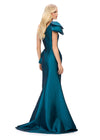 Back view. Dark Teal ASHLEYlauren 11722 Elegant One Shoulder Fitted Mermaid Gown in Taffeta with Statement Ruffles at Hip and Neckline and Ruched Bustier