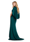 Back view. Deep Green ASHLEYlauren 11416 Elegant Crepe Gown with Ruched V-Neckline, Sparkling Beaded Belt, Modern Overlay, and Left Leg Slit