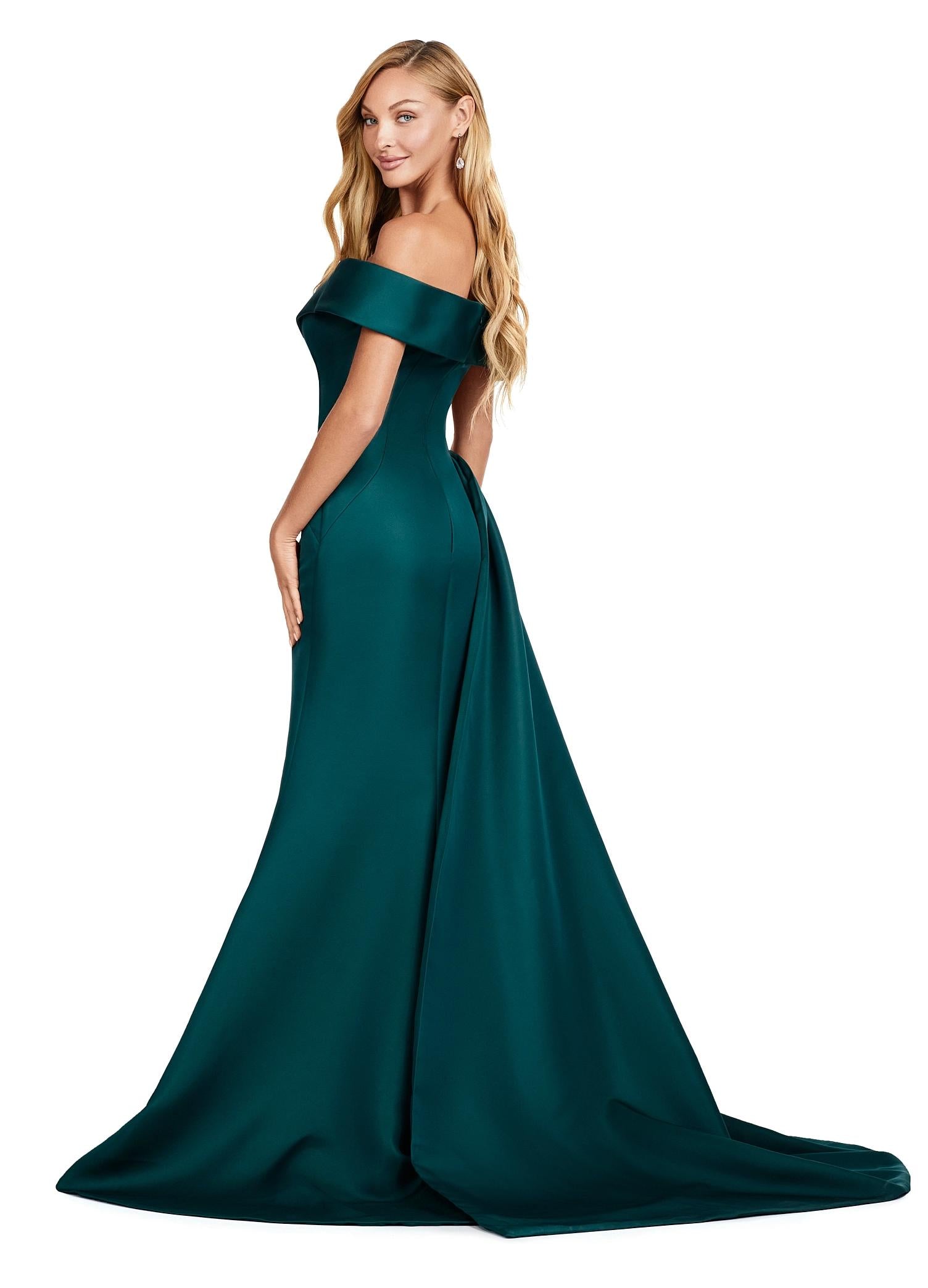 Back view. Deep Green ASHLEYlauren 11425 Elegant Off Shoulder Evening Gown in Double Faced Satin with Sparkling Beaded Accents and Flowing Side Overskirt