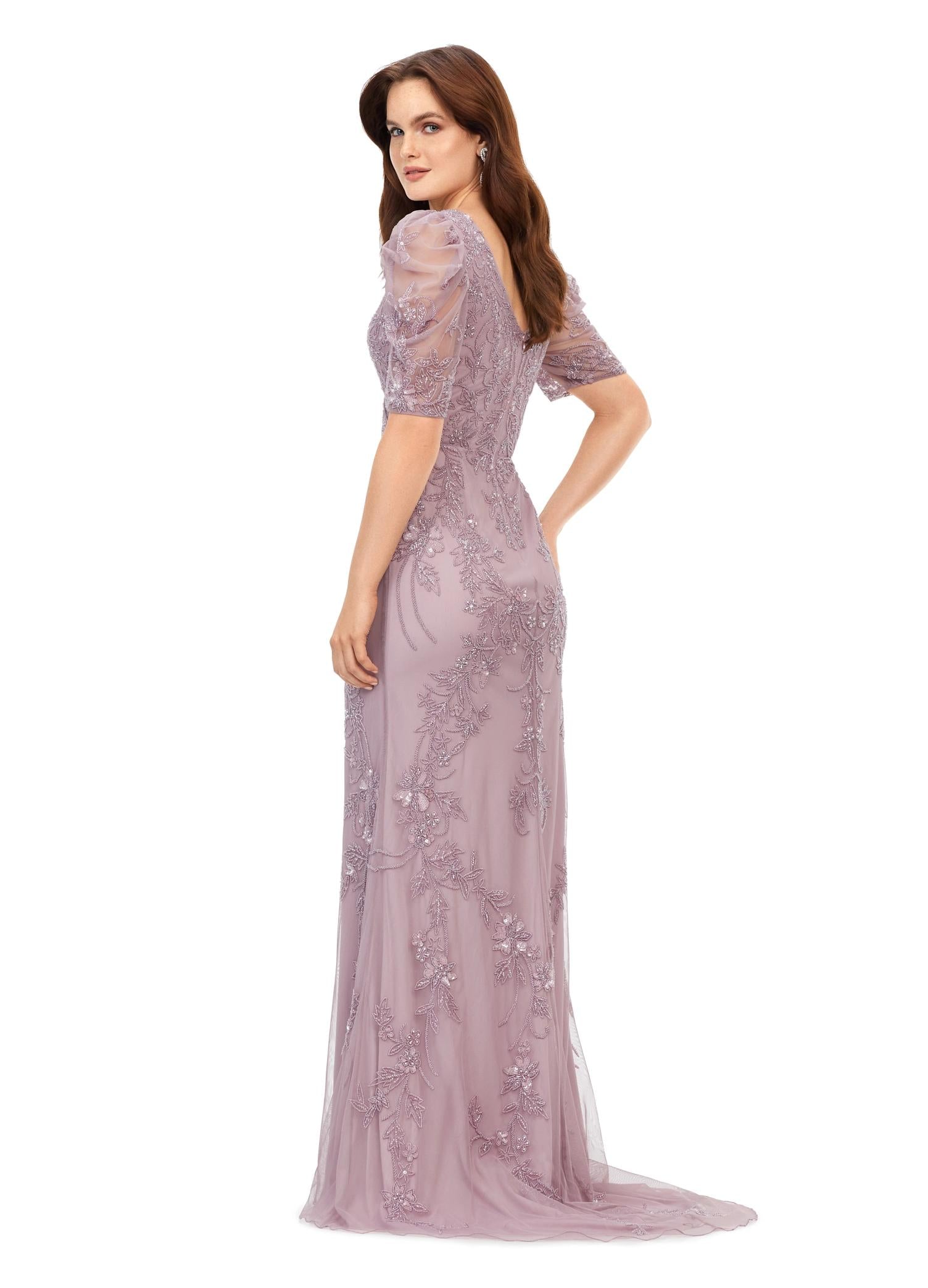 Back view. Dusty Mauve ASHLEYlauren 11234 Elegant Fully Beaded Gown with V-Neckline, Wrap Style Bustier, and Sheer Ruffled Puff Mesh Sleeves