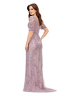 Back view. Dusty Mauve ASHLEYlauren 11234 Elegant Fully Beaded Gown with V-Neckline, Wrap Style Bustier, and Sheer Ruffled Puff Mesh Sleeves