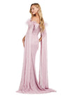 Back view. Dusty Rose ASHLEYlauren 11429 Glamorous Fully Beaded Off Shoulder Gown with Dramatic Floor Length Sleeves and Feather Accents