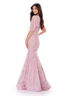 Back view. Dusty Rose ASHLEYlauren 11431 Classy Fully Beaded Gown with Crew Neckline, Sheer Asymmetrical Cape Overlay, Feather-Embellished Skirt, and Mermaid Silhouette