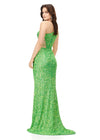 Back view. Electric Lime ASHLEYlauren 11288 stunning one shoulder fully hand-beaded gown featuring modern cut outs, criss cross waist straps, a left leg slit, and a sweep train for a bold and statement-making entrance.