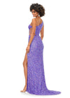 Back view. Electric Orchid ASHLEYlauren 11288 stunning one shoulder fully hand-beaded gown featuring modern cut outs, criss cross waist straps, a left leg slit, and a sweep train for a bold and statement-making entrance.