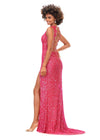 Back view. Electric Watermelon ASHLEYlauren 11373 stunning fitted gown featuring a deep V-neckline, lace-up open back, fully hand-beaded design, and a left leg slit, available in vibrant colors for a bold and head-turning look.