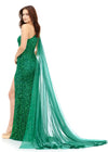 Back view. Emerald ASHLEYlauren 11371 dazzling one shoulder sequin gown featuring a fully hand-beaded design, a detachable chiffon cape, and a left leg slit, available in vibrant color options for a bold and glamorous statement look.