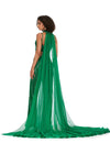 Back view. Emerald ASHLEYlauren 11385 statement two-piece jumpsuit featuring an intricately hand-beaded bustier and pants, a matching beaded choker, and a dramatic chiffon cape for a bold and fashion-forward look.