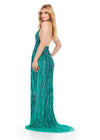 Back view. Emerald ASHLEYlauren 11670 Intricately Beaded Gown with Deep V-Neckline, Sheer Side Cut Outs, Open V-Back, and Left Leg Slit