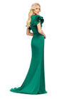Back view. Emerald ASHLEYlauren 11737 Elegant Crepe Gown with V-Neckline, Statement Draped Ruffle Shoulder, Wrap Skirt, and Flowing Side Ruffle Detail