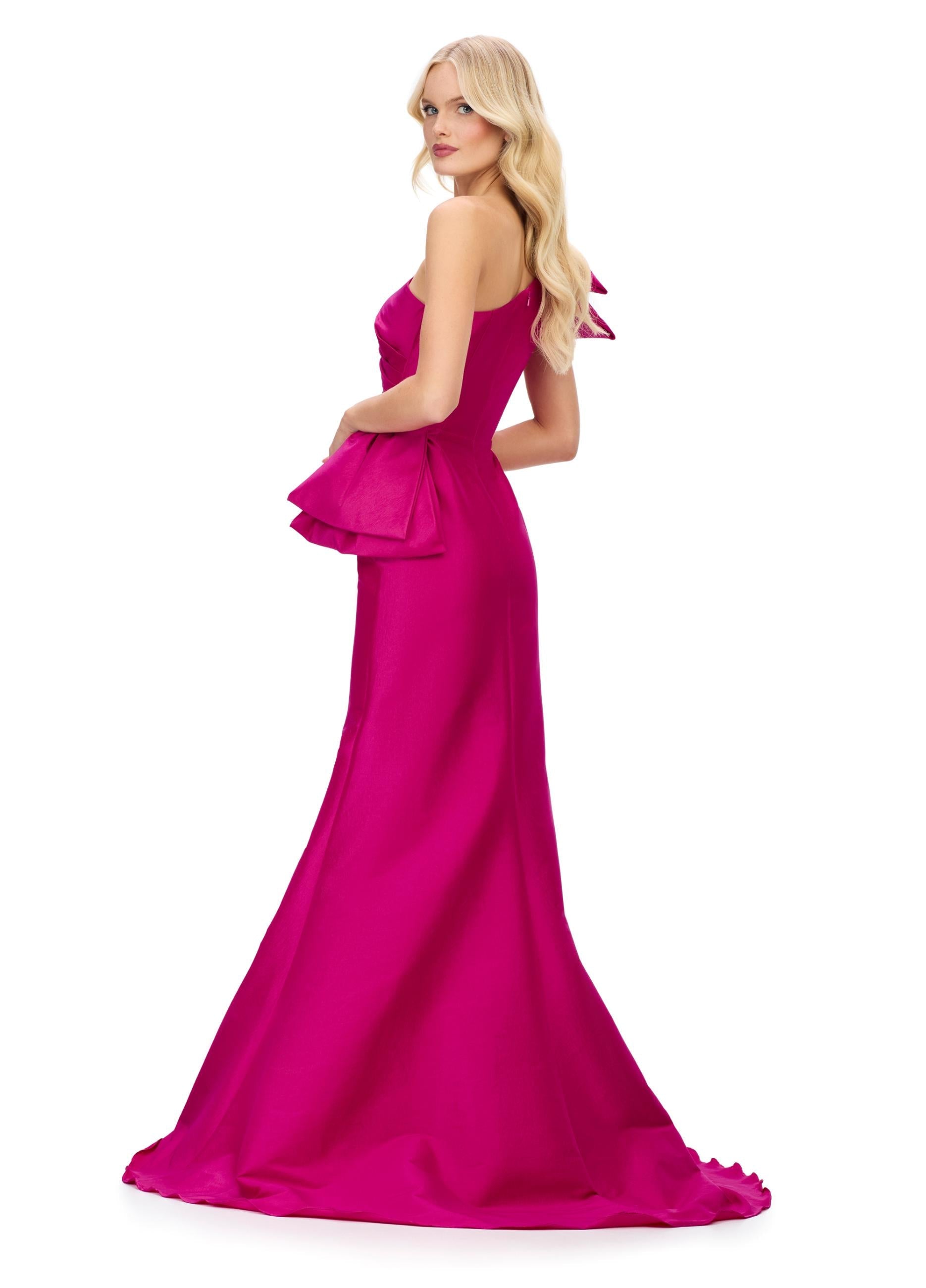 Back view. Fuchsia ASHLEYlauren 11722 Elegant One Shoulder Fitted Mermaid Gown in Taffeta with Statement Ruffles at Hip and Neckline and Ruched Bustier