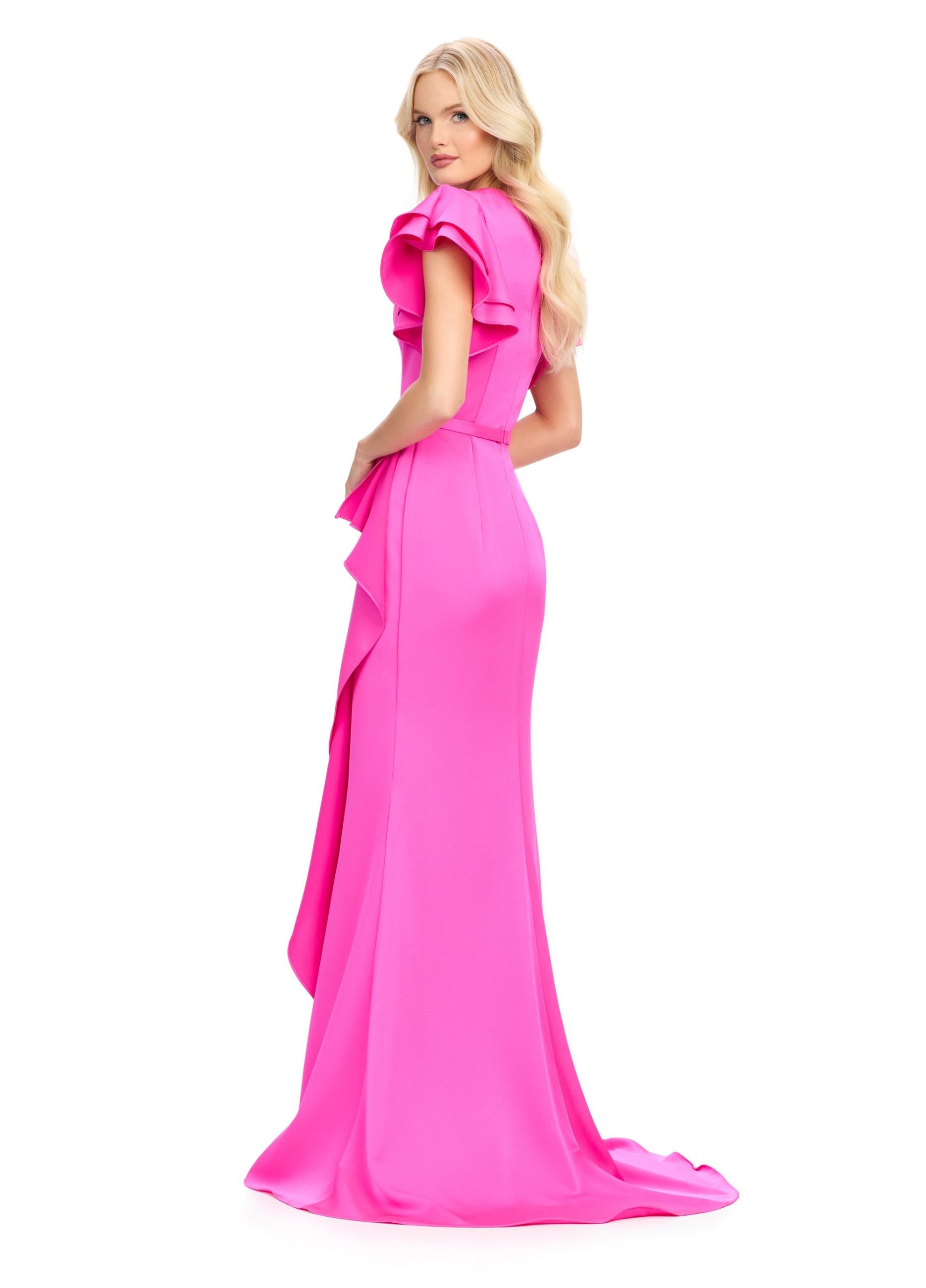 Back view. Fuchsia ASHLEYlauren 11737 Elegant Crepe Gown with V-Neckline, Statement Draped Ruffle Shoulder, Wrap Skirt, and Flowing Side Ruffle Detail