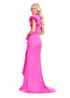 Back view. Fuchsia ASHLEYlauren 11737 Elegant Crepe Gown with V-Neckline, Statement Draped Ruffle Shoulder, Wrap Skirt, and Flowing Side Ruffle Detail
