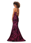 Back view. Fuchsia/Black ASHLEYlauren 11331 stunning velvet sequin gown featuring delicate spaghetti straps, a lace-up back for a perfect fit, intricately placed sequin appliques to complement your curves, and a sweep train for a glamorous and show-stopping entrance.