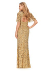 Back view. Gold ASHLEYlauren 11216 Elegant Fully Hand Beaded Gown with Crew Neckline, Flowing Butterfly Sleeves, Intricate Sequin Beading, and Keyhole Back Detail
