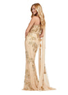 Back view. Gold ASHLEYlauren 11434 Elegant Fully Beaded Gown with One Shoulder Design and Statement Floor Length Sleeve for a Modern Twist on a Classic Look