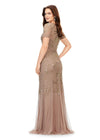 Back view. Gold/Rose Gold ASHLEYlauren 11215 Fully Hand Beaded Gown with Illusion Sweetheart Neckline, Intricate Sequin Motif, Short Sleeves, and Godet-Accented Mermaid Skirt
