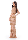 Back view. Gold/Rose Gold ASHLEYlauren 11235 Elegant Sequin Gown with V-Neckline, Flutter Butterfly Sleeves, Wide Waistband, Floral Beaded Bustier, and Multi-Tiered Skirt