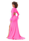 Back view. Hot Pink ASHLEYlauren 11308 striking scuba gown featuring a deep V-neckline, criss-cross cut out bodice, crystal waistline, long sleeves adorned with heat-set stones and feather trim, a fitted skirt, and a left leg slit for a bold and glamorous statement look.