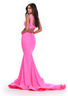 Back view. Hot Pink ASHLEYlauren 11646 Two-Piece Scuba Gown with Ruched One Shoulder Top, Fitted Skirt, and Structured Horsehair Hem