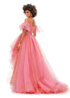 Back view. Hot Pink/Blush ASHLEYlauren 11268 stunning strapless high-low gown featuring a ruched sweetheart neckline, off-shoulder sleeves, a crystal belt, and a two-tone organza skirt finished with a wire hem for a dramatic and elegant look.