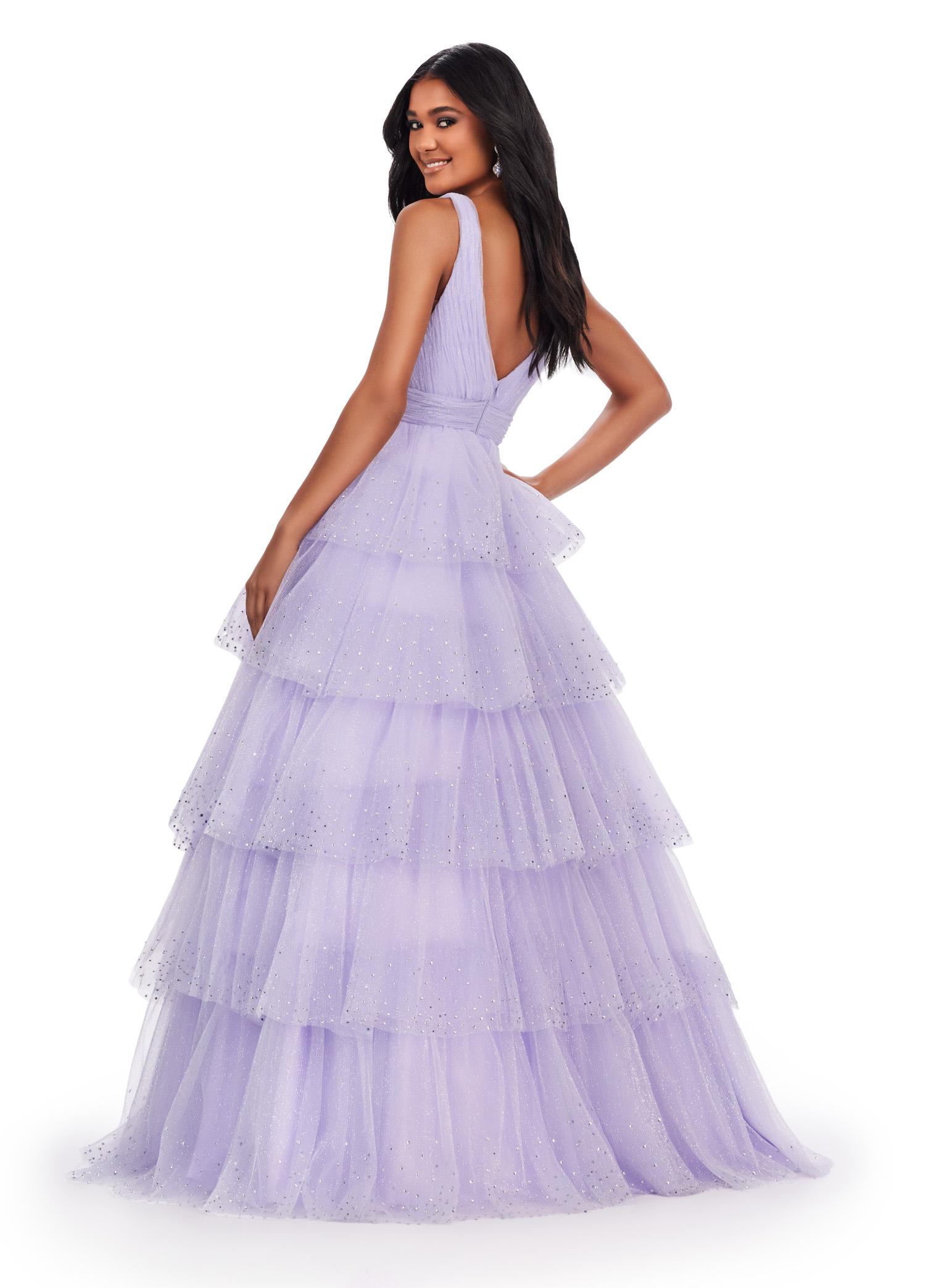 Back view. Lilac ASHLEYlauren 11672 Sparkling Glitter Tulle Ball Gown with V-Neckline, V-Back, Heat-Set Stones, and Voluminous Multi-Tiered Ruffle Skirt
