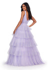 Back view. Lilac ASHLEYlauren 11672 Sparkling Glitter Tulle Ball Gown with V-Neckline, V-Back, Heat-Set Stones, and Voluminous Multi-Tiered Ruffle Skirt