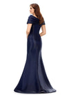Back view. Navy ASHLEYlauren 11300 Elegant Off Shoulder Mermaid Gown in Phantom Satin with Pleated Detail, Fitted Silhouette, and Sweep Train