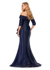 Back view. Navy ASHLEYlauren 11324 Elegant Off Shoulder Fitted Mermaid Gown in Phantom Satin with Statement Ruffle Detail at the Hip