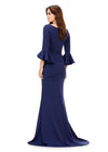 Back view. Navy ASHLEYlauren 11325 Timeless Evening Gown with Scoop Neckline, Flutter Three Quarter Length Sleeves, Ruched Detailing, and Flowing Sweep Train