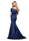 Back view. Navy ASHLEYlauren 11413 Elegant Off Shoulder Mermaid Gown in Double Faceted Satin with Statement Oversized Bow Neckline