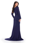 Back view. Navy ASHLEYlauren 11450 Chic Long Sleeve Scuba Gown with Asymmetrical Off Shoulder Beaded Neckline and Flattering Ruched Hip Detailing