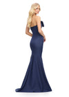 Back view. Navy ASHLEYlauren 11696 Glamorous One Shoulder Satin Gown with Statement Oversized Bow, Asymmetrical Fit and Flare Silhouette, and Mermaid Skirt