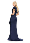 Back view. Navy ASHLEYlauren 11737 Elegant Crepe Gown with V-Neckline, Statement Draped Ruffle Shoulder, Wrap Skirt, and Flowing Side Ruffle Detail