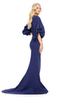 Back view. Navy ASHLEYlauren 11740 Timeless Fitted Scuba Gown with Elegant V-Neckline, Embellished Balloon Sleeves, Press On Stone Accents, and Wrap Skirt Design