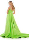 Back view. Neon Green ASHLEYlauren 11267 stunning A-line gown featuring delicate spaghetti straps, a sweetheart neckline, eye-catching crystal trim, and asymmetrical ruching on the bustier to accentuate your curves for a glamorous and sophisticated look.